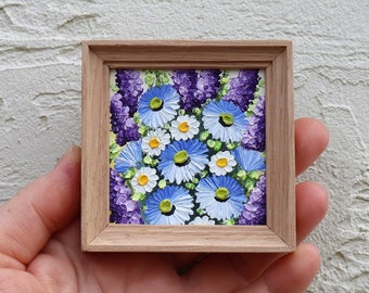 Cornflowers Mini Oil Painting Wildflower Blue Flower Small Artwork Miniature Art Painting Framed Impasto Original Wall Art 2.4х2.4 in