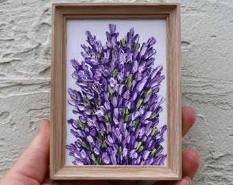 Lavender Small Painting Miniature Art Flower Purple Artwork Flowers Impasto Oil Painting Framed Original Art Wall Art Home Deco