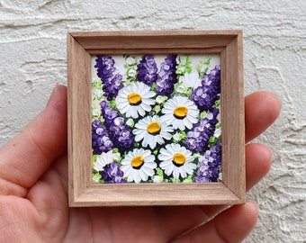 Daisy Mini Painting Frame Flowers Small Artwork Oil Painting Miniature Art Daisies Impasto Original Floral Wall Art 2.4х2.4 in