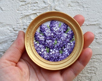 Lilacs Oil Painting Miniature Round Original Art Purple Flowers Lilac Artwork Mini Painting Gold Frame Impasto Floral Art 2.4х2.4 inch