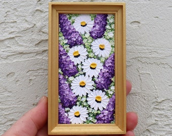 Painting Lilac Daisy Original Miniature Art Small Oil Flowers Painting Framed Floral Artwork Impasto Wall Art Home Decor
