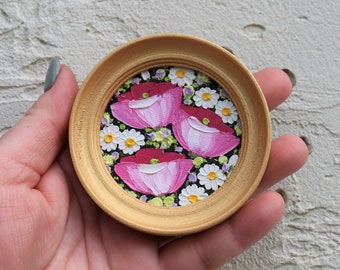 Peony Miniature Art Original Mini Round Oil Painting Flowers Small Artwork Painting Gold Frame Pink Peony Floral Wall Art  2.4х2.4 in