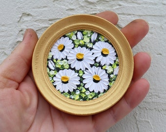 Daisy Mini Painting Round Miniature Original Floral Art Small Artwork Oil Painting Gold Frame White Flowers Daisies Wall Art  2.4х2.4 in