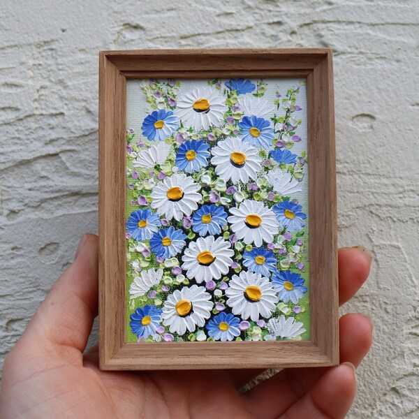 Daisy and Forget-me-not Painting Miniature Art Original Floral Art Small Artwork Impasto Oil Painting  Frame Painting Flowers Wall Art