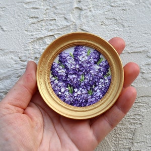 Lilacs Oil Painting Miniature Round Original Art Purple Flowers Lilac Artwork Mini Painting Gold Frame Impasto Floral Art 2.4х2.4 inch