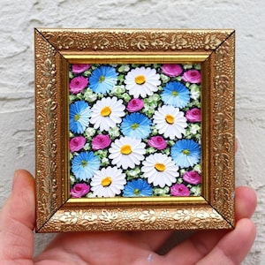 Daisies and Cornflowers Oil Painting Wildflower Blue Flower Small Artwork Miniature Art Painting Impasto Original Wall Art 3х3 in