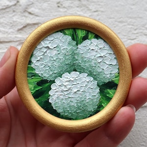 Hydrangea Oil Painting Impasto Floral Art Round Miniature White Flowers Original Artwork Hand painted