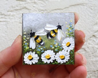 Bee Mini Painting on Daisy Flowers Painting Small Artwork Miniature Wall Art Honey bee