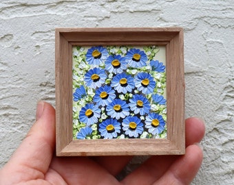 Forget-me-nots Mini Oil Painting Blue Flower Small Artwork Miniature Art Painting Framed Impasto Original Wall Art 2.4х2.4 in by Gushcha