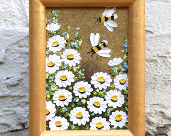 Daisy Painting Bee Original Oil Art Honey Bee Artwork Flower Bumblebee ...