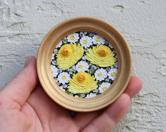 Rose Original Art Miniature Painting Yellow Flowers Small Artwork Round Mini Oil Painting Gold Frame Impasto Floral Art 2.4х2.4 inch