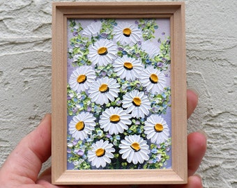 Daisy Small Painting Miniature Flower Art White Daisies Flowers Artwork Oil Painting Framed Original Art Wall Art Home Decor