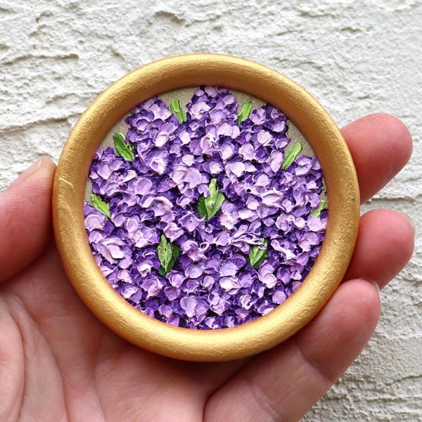 Lilacs Oil Painting Round Miniature Purple Original Artwork Hand painted Impasto Floral Art