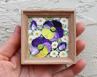 Pansy Mini Painting Small Original Art Square Miniature Purple Oil Painting Floral Artwork Impasto In Frame Home Room Wall Art