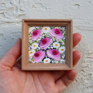 Roses Daisy Mini Oil Painting Pink Flowers Small Artwork Miniature Art Painting Frame Pink Rose Impasto Original Floral Wall Art 2.4х2.4 in