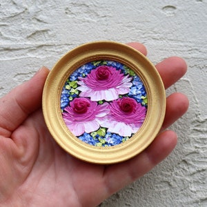 Rose Art Mini Original Painting Pink Flowers Small Artwork Round Mini Oil Painting Gold Frame Impasto Floral Wall Art 2.4х2.4 inch