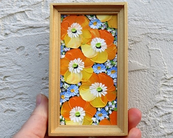 Golden California Poppy Miniature Painting in Frame Small Artwork Poppy Yellow flower Oil painting Impasto Original Wall Art