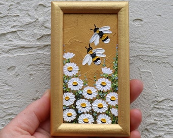 Bee Painting Miniature Original Art Honey Bee Artwork Daisy Flower Bumblebee Wall Art Oil Painting Impasto Floral Art  4.4x 2.4in