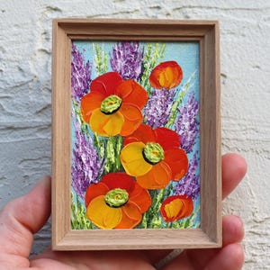 Poppy Lilac Original Oil Painting Small Artwork Impasto Miniature Flower Red Poppies Art Framed