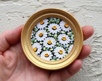 Daisy Miniature Painting Original Floral Art Small Round Artwork Mini Oil Painting Gold Frame White Flowers Daisies Wall Art  2.4х2.4 in