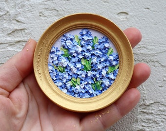 Forget-me-nots Art Mini Original Painting Blue Flowers Small Artwork Round Small Oil Painting Gold Frame Impasto Floral Art 2.4х2.4 inch