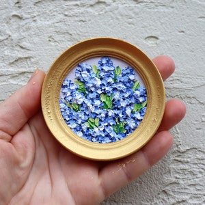 Forget-me-nots Art Mini Original Painting Blue Flowers Small Artwork Round Small Oil Painting Gold Frame Impasto Floral Art 2.4х2.4 inch