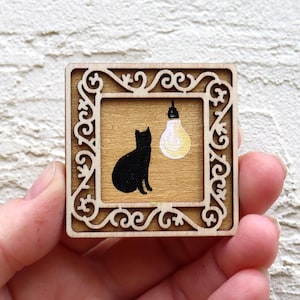 Black Cat Tiny Painting Square Mini Original Artwork Handmade Gift