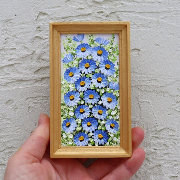 Forget-me-not Small Oil Painting Original Art Floral Miniature Painting Framed Impasto Blue Flowers Artwork Wall Art