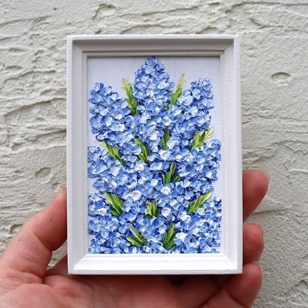 Forget-me-not Small Oil Painting Original Art Miniature Impasto Blue Flower Small Artwork Framed