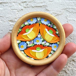 California Poppy Art Round Mini Original Oil Painting Yellow Flowers Artwork 2.4х2.4 inch