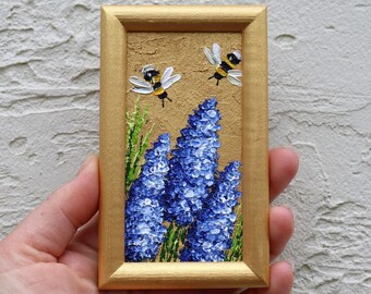 Bee Painting on Bluebonnet Flower Painting Small Artwork Miniature Wall Art Honey bee