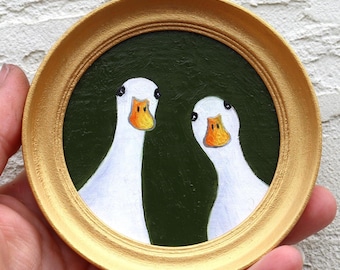 Two White Geese Miniature Oil Painting, Original Art in Gold Frame (3.2 x 3.2 in)