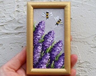 Bee Painting Miniature Original Purple Art Honey Bee Artwork Lilac Flower Bumblebee Wall Art Oil Painting Impasto Floral Art  4.4x 2.4in