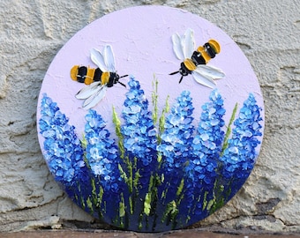 Bee Painting on Bluebonnet Flower Bumblebee Original Painting Small Artwork Miniature Wall Art Honey bee 4х4 in