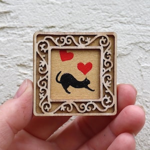 Black Cat Tiny Painting Square Mini Original Artwork Handmade Gift