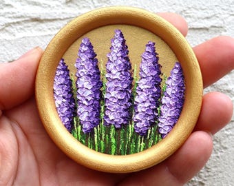 Lavender Oil Painting Miniature Round Original Art Purple Flowers Artwork Impasto 2.4х2.4 inch