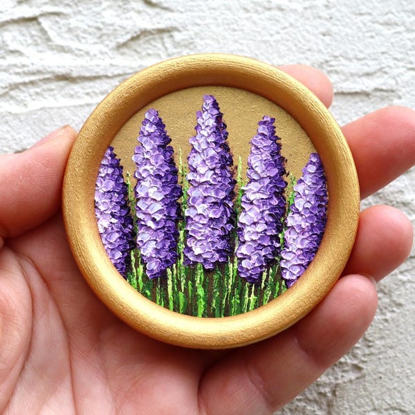 Lavender Oil Painting Miniature Round Original Art Purple Flowers Artwork Impasto 2.4х2.4 inch