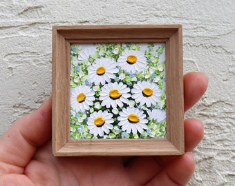 Daisy Mini Painting  Small Artwork Frame Flowers Oil Painting Miniature Art Daisies Impasto Original Floral Wall Art 2.4х2.4 in