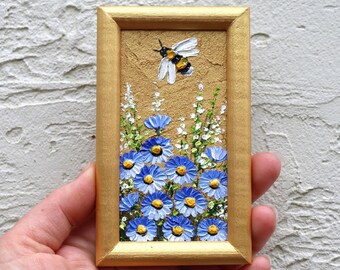 Bee Painting Mini Original Art Honey Bee Artwork Forget-me-nots Blue Flower Bumblebee Wall Art Oil Painting Impasto Floral Art  2.4 x 4.4 in