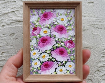 Roses Painting Small Artwork Pink Flowers Roses Daisy Oil Painting Frame Floral Miniature Impasto Original Art  Wall Art