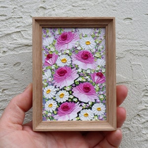 Roses Painting Small Artwork Pink Flowers Roses Daisy Oil Painting Frame Floral Miniature Impasto Original Art Wall Art image 1