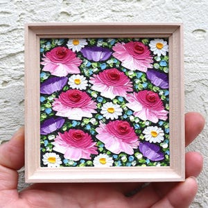 Rose Small Oil Painting Impasto Square Original Miniature Art Pink Flower Artwork Small Floral Art  Home Wall Art Decor