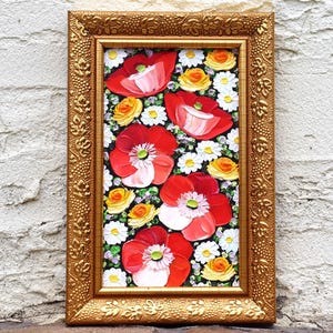Red Poppy Oil Painting: Small Floral Impasto Artwork (4.8x2.8 in)
