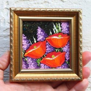 Red Poppy Lilac Oil Painting Miniature Flowers Impasto Small Artwork Original Floral Wall Art 3х3 in