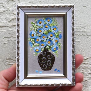 Forget-me-not Small Oil Painting Original Art Floral Miniature Painting Vase Framed Impasto Blue Flowers Artwork Wall Art