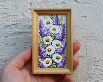 Daisy and Lilac Painting Frame Flowers Small Artwork Oil Painting Miniature Art Daisies Impasto Original Floral Wall Art 2х3.6 in
