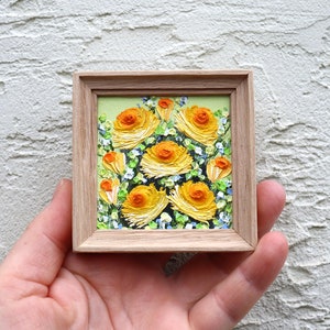 Roses Mini Painting in Frame Square Small Artwork Yellow Flowers Oil Painting Miniature Impasto Original Floral Wall Art 2.4х2.4 in