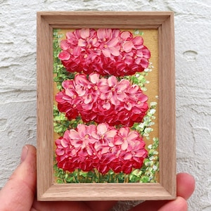Pink Geranium Original  Painting Flowers Small Artwork Miniature Oil Painting Impasto Wall Art