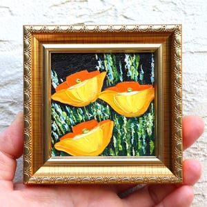 Impasto Poppy Oil Painting: Golden California Floral Art, Framed