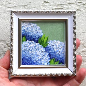 Hydrangea Oil Painting: Blue Floral Impasto Miniature Art (3x3 in)